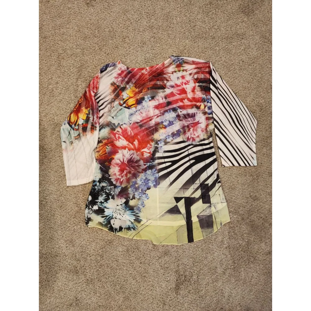 Women's Christopher & Banks Floral & Striped Sequin Top L Red Black - Picture 3 of 3